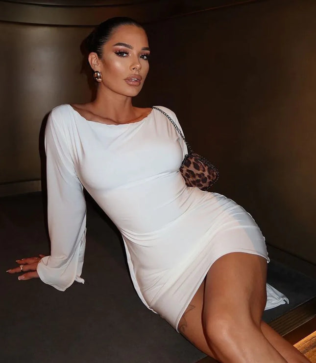 Vestido mini blanco con fruncidos y hombros descubiertos para fiesta mujer