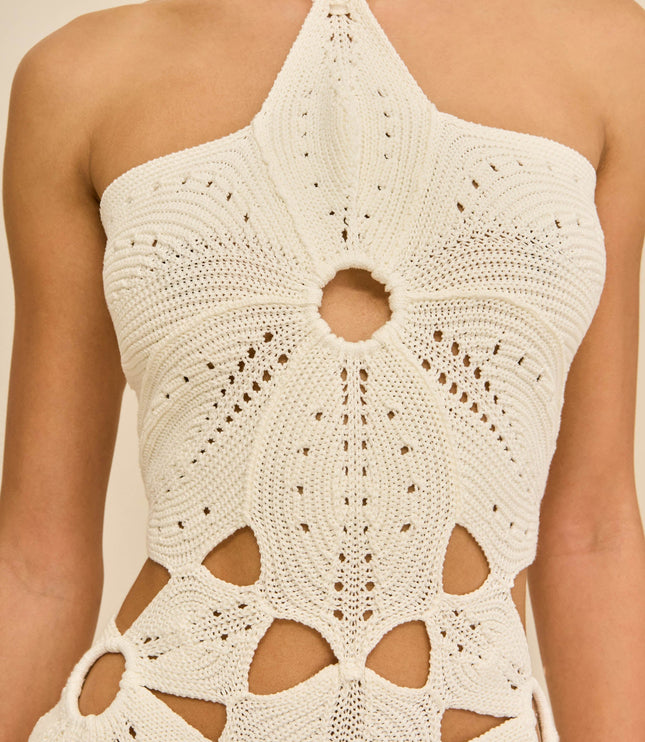 Vestido mini blanco de verano con escote cuadrado y hombros descubiertos para mujer