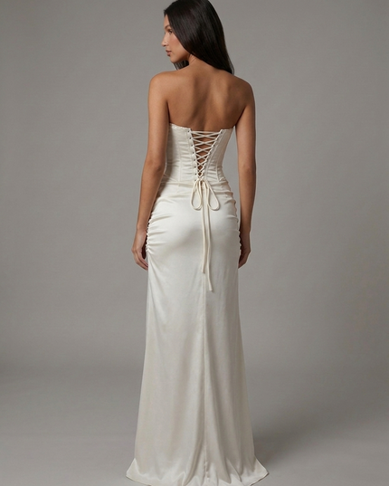 Vestido maxi blanco de satén con escote en V para invitada de boda mujer