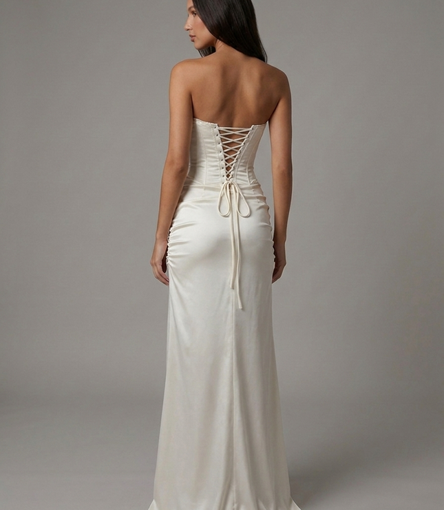 Vestido maxi blanco de satén con escote en V para invitada de boda mujer
