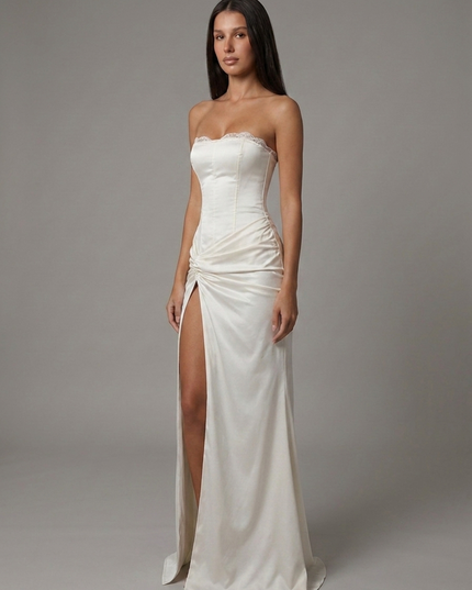 Vestido maxi blanco de satén con escote en V para invitada de boda mujer