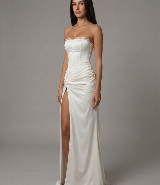 Vestido maxi blanco de satén con escote en V para invitada de boda mujer