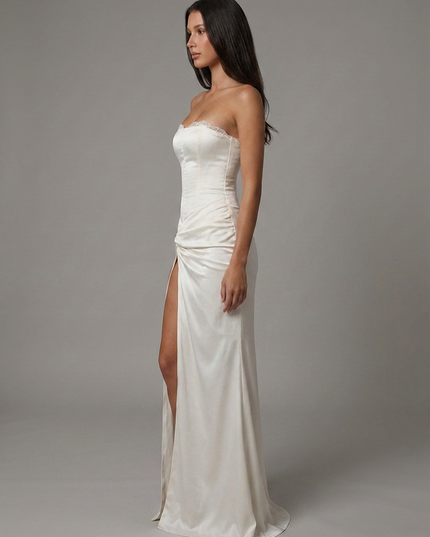 Vestido maxi blanco de satén con escote en V para invitada de boda mujer