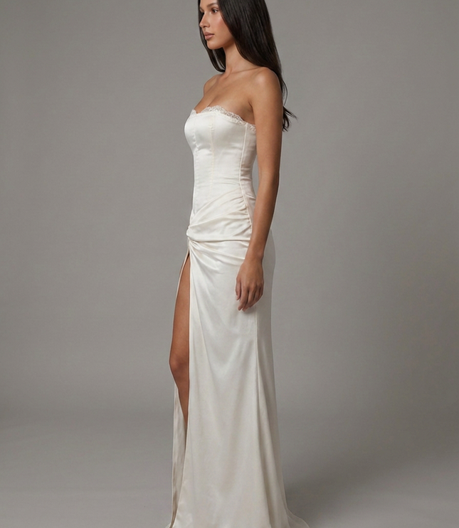 Vestido maxi blanco de satén con escote en V para invitada de boda mujer