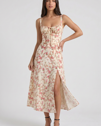 Vestido midi blanco de verano con escote en V para cóctel mujer