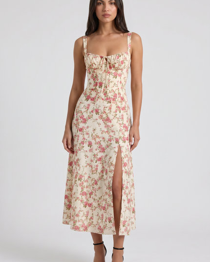 Vestido midi blanco de verano con escote en V para cóctel mujer