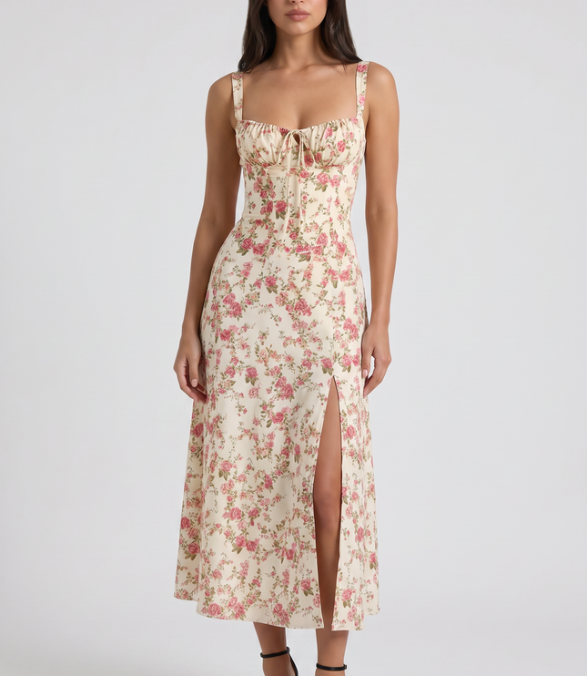 Vestido midi blanco de verano con escote en V para cóctel mujer