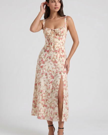 Vestido midi blanco de verano con escote en V para cóctel mujer