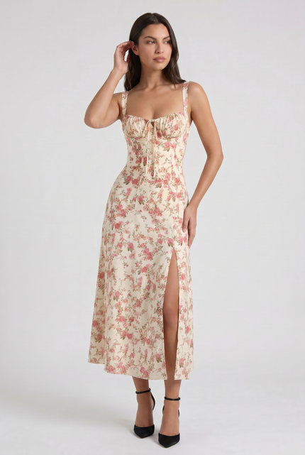 Vestido midi blanco de verano con escote en V para cóctel mujer