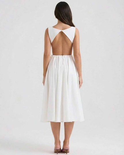 Back view of white midi dress with open back cutout and sleeveless bodice
