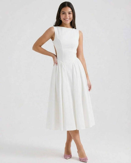 White side cutout midi dress with boat neckline and full midi skirt, back view