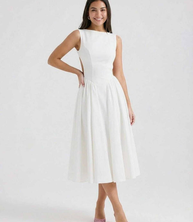 White side cutout midi dress with boat neckline and full midi skirt, back view