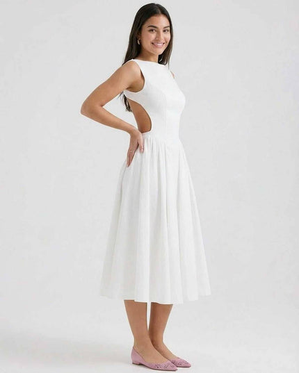 White sleeveless midi dress with side cutout detail and fitted waist, angled view