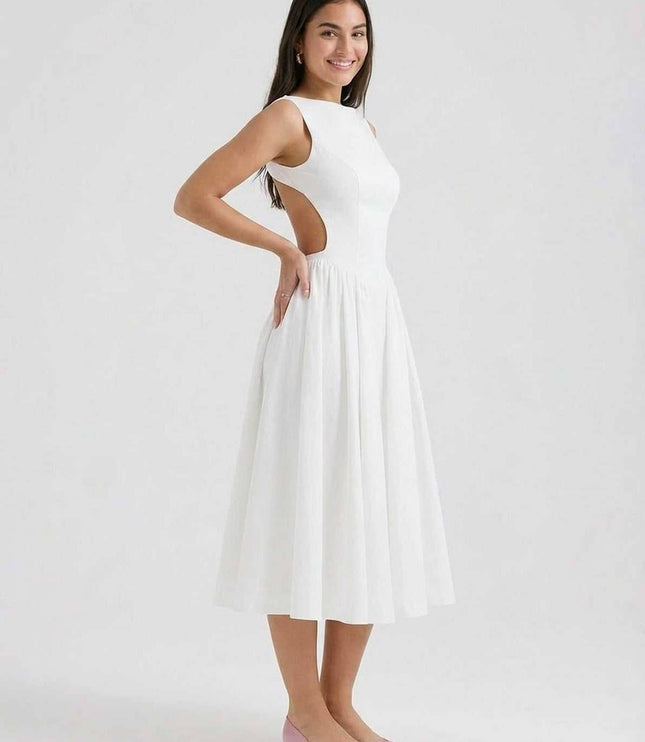 White sleeveless midi dress with side cutout detail and fitted waist, angled view