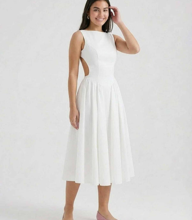 Side view of white midi dress with open waist cutout and flowing skirt