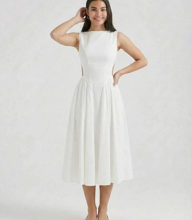 Front view of white midi dress with side cutouts, boat neck, and flared skirt