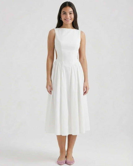 White sleeveless midi dress with side cutouts and a flared skirt, front view