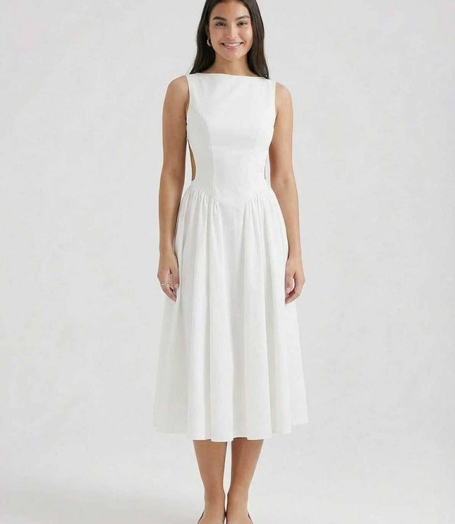 White sleeveless midi dress with side cutouts and a flared skirt, front view