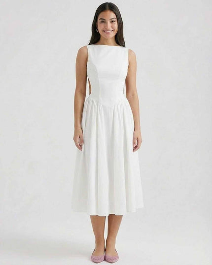 White sleeveless midi dress with side cutouts and a flared skirt, front view