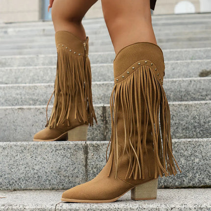Calista | Women's Wide Calf Western Fringe Cowboy Boots - Brown - Image 7