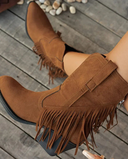 Calista | Women's Wide Calf Western Fringe Cowboy Boots - Brown - Image 1