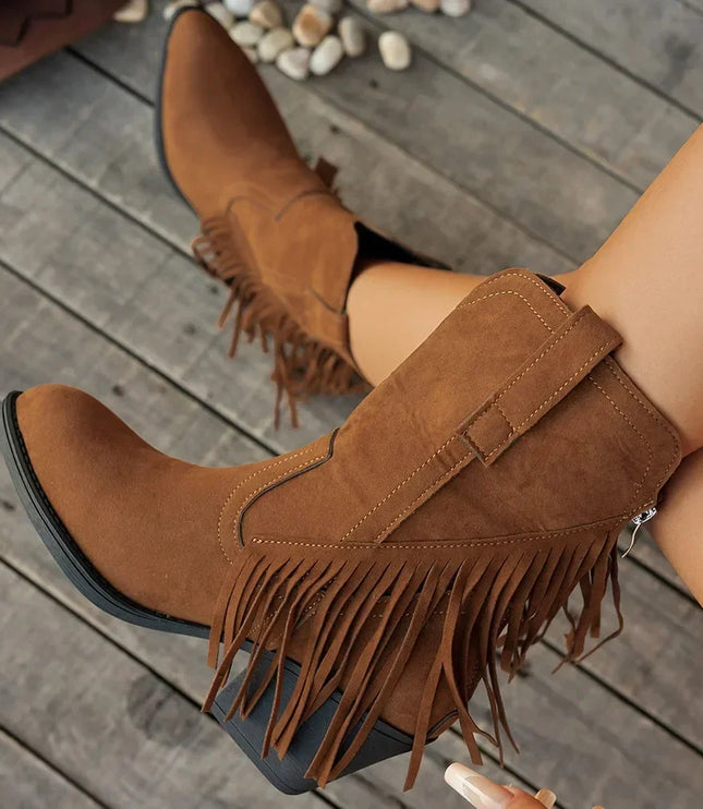 Calista | Women's Wide Calf Western Fringe Cowboy Boots - Brown - Image 1