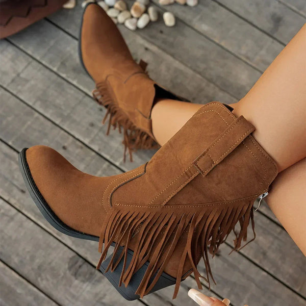 Calista | Women's Wide Calf Western Fringe Cowboy Boots - Brown - Image 1