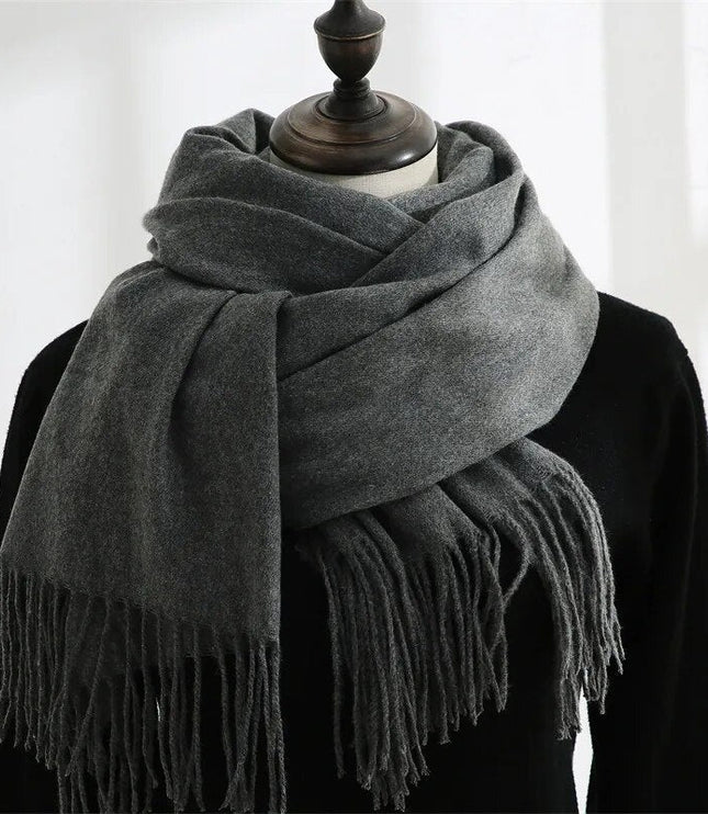 Women's Wide Plain Scarf with Long Tassel Ends