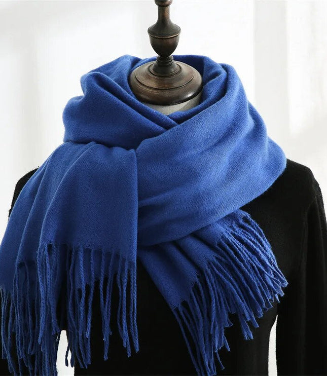 Women's Wide Plain Scarf with Long Tassel Ends