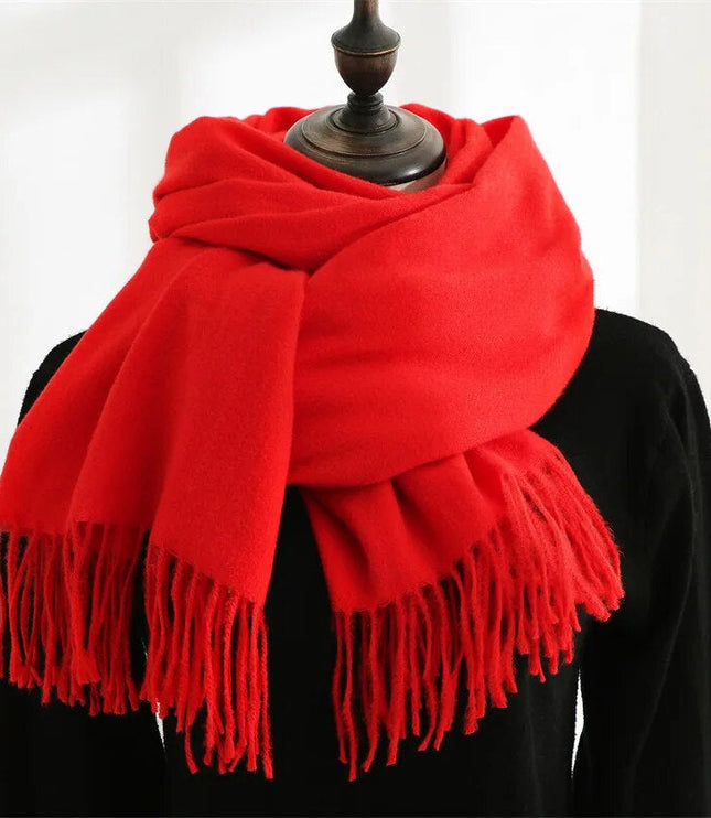 Women's Wide Plain Scarf with Long Tassel Ends