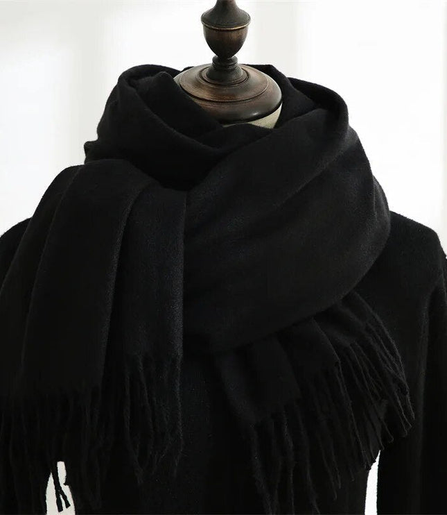 Women's Wide Plain Scarf with Long Tassel Ends