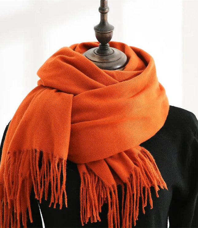 Women's Wide Plain Scarf with Long Tassel Ends