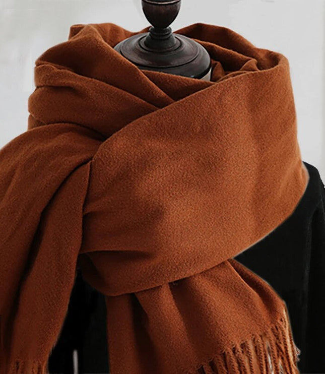 Women's Wide Plain Scarf with Long Tassel Ends