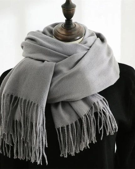 Women's Wide Plain Scarf with Long Tassel Ends