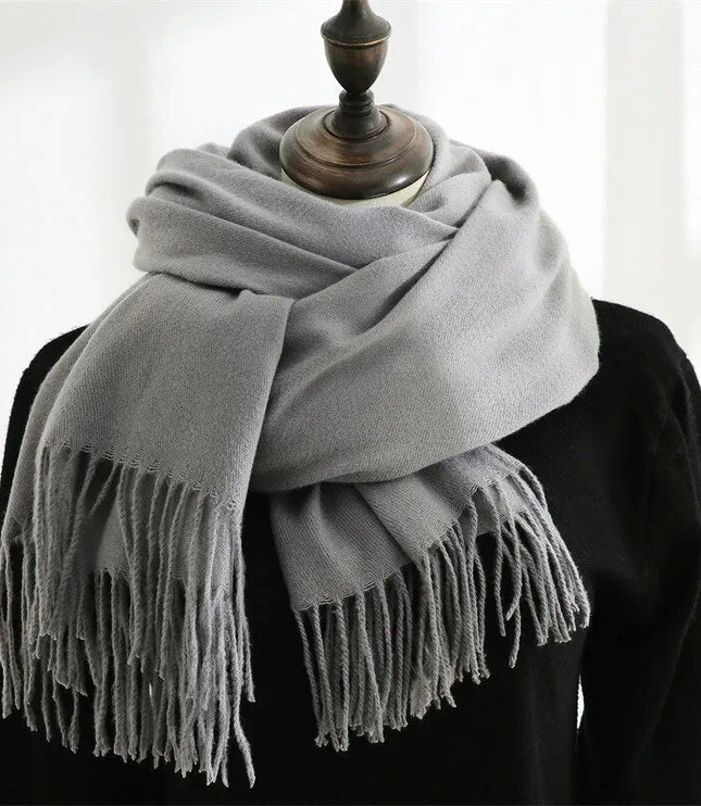 Women's Wide Plain Scarf with Long Tassel Ends