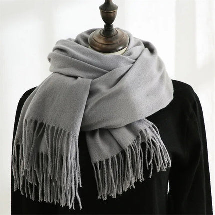 Women's Wide Plain Scarf with Long Tassel Ends