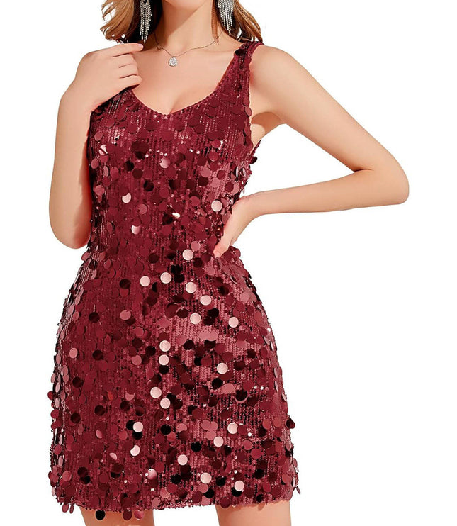 Women's Wide Strap Mini Disc Sequin Dress