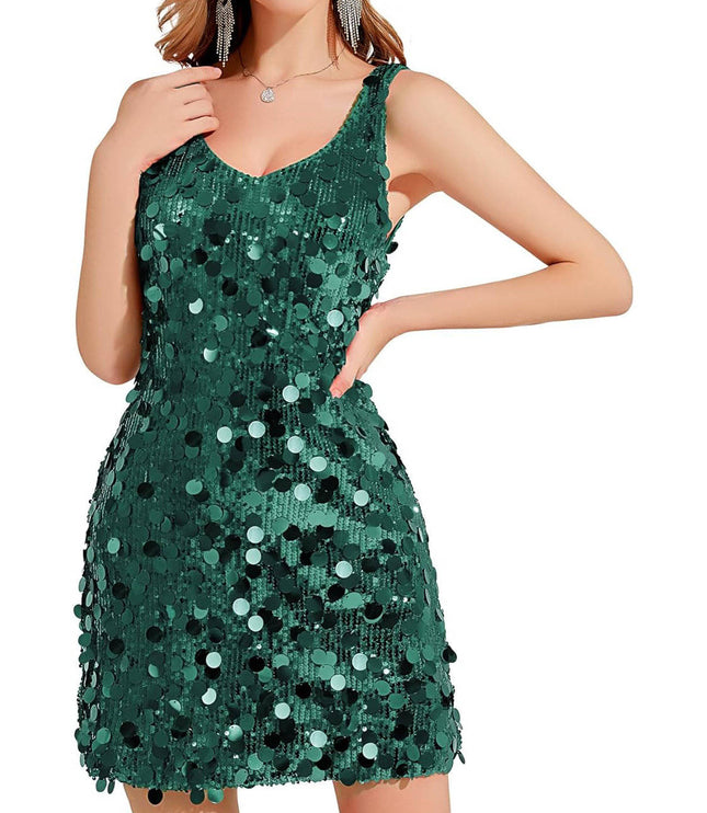 Women's Wide Strap Mini Disc Sequin Dress