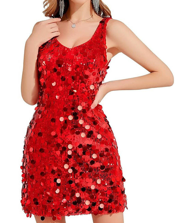 Women's Wide Strap Mini Disc Sequin Dress