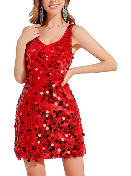 Women's Wide Strap Mini Disc Sequin Dress