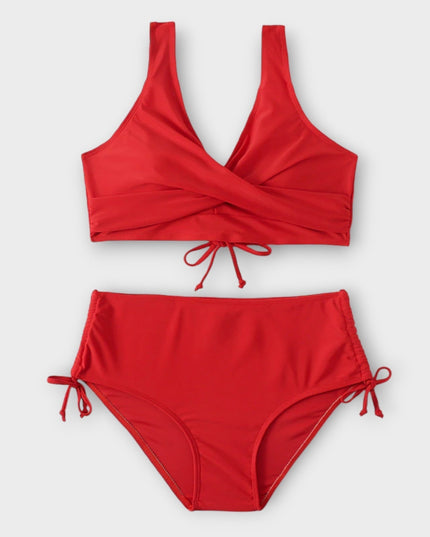 Red two-piece wrap bikini with crossover top and adjustable tie-side bottoms