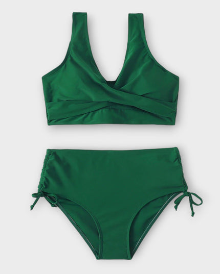 Green wrap crossover bikini with v-neckline top and ruched tie-side bottoms