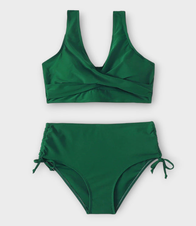 Green wrap crossover bikini with v-neckline top and ruched tie-side bottoms