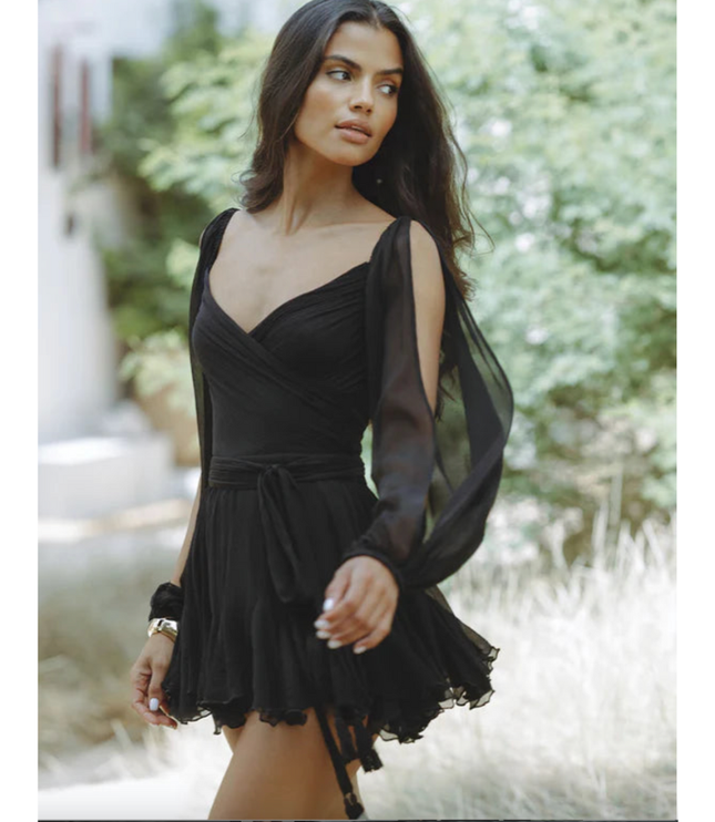 Black wrap v-neck mini dress with sheer long sleeves and layered skirt