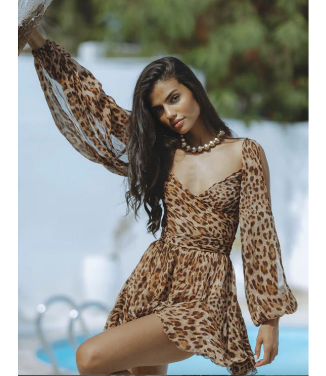 Tan leopard print wrap mini dress with long sleeves and flowing skirt