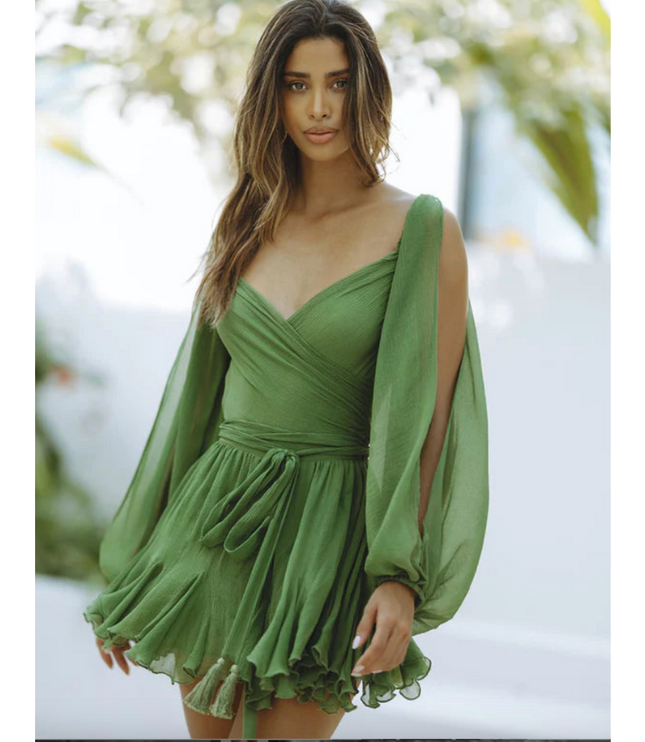 Green wrap v-neck mini dress with long balloon sleeves and ruffled hem
