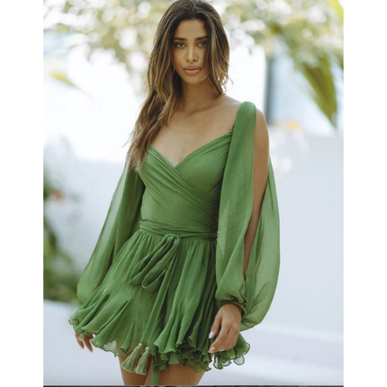 Green wrap v-neck mini dress with long balloon sleeves and ruffled hem