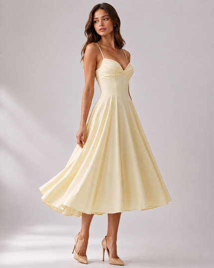 Vestido midi floral amarillo de verano con escote en V para invitada de boda mujer