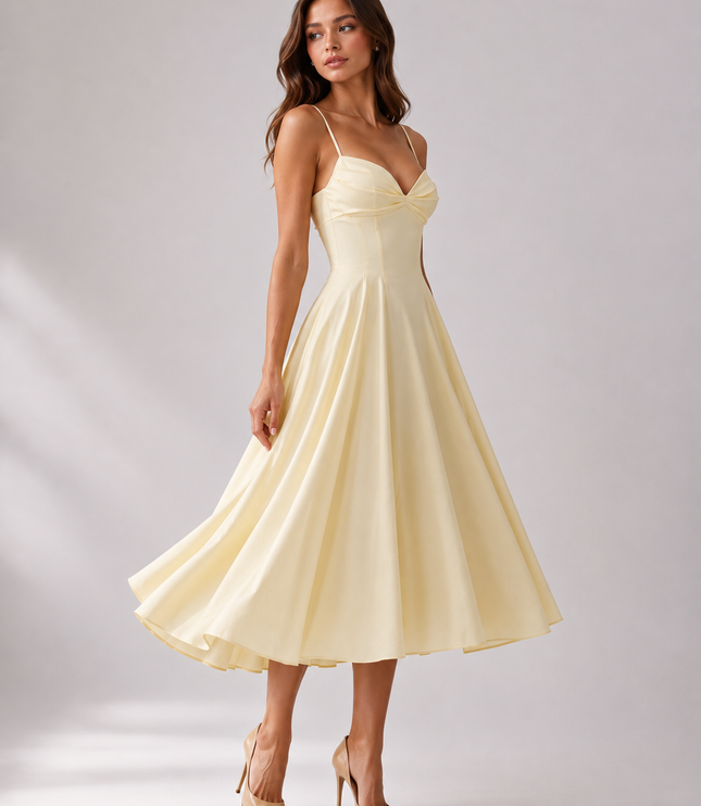 Vestido midi floral amarillo de verano con escote en V para invitada de boda mujer