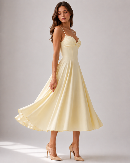 Vestido midi floral amarillo de verano con escote en V para invitada de boda mujer